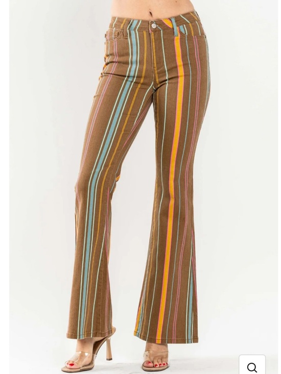 Judy Blue Denim - Judy Blue flare jeans mid rise stripe Stretch brown pink yellow blue 18W